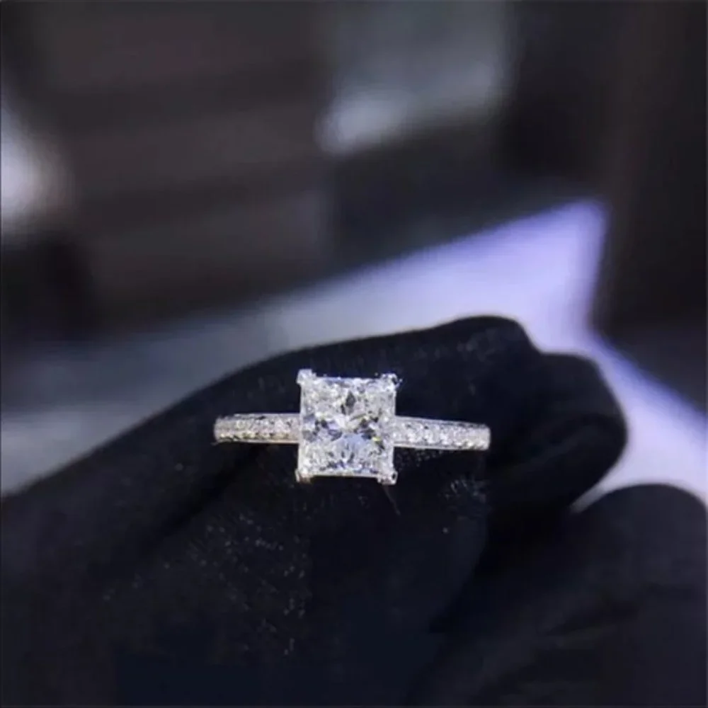 925 Sterling Silver Princess Square Simulator Diamond Ring Wedding Engagement - Picture 4 of 5